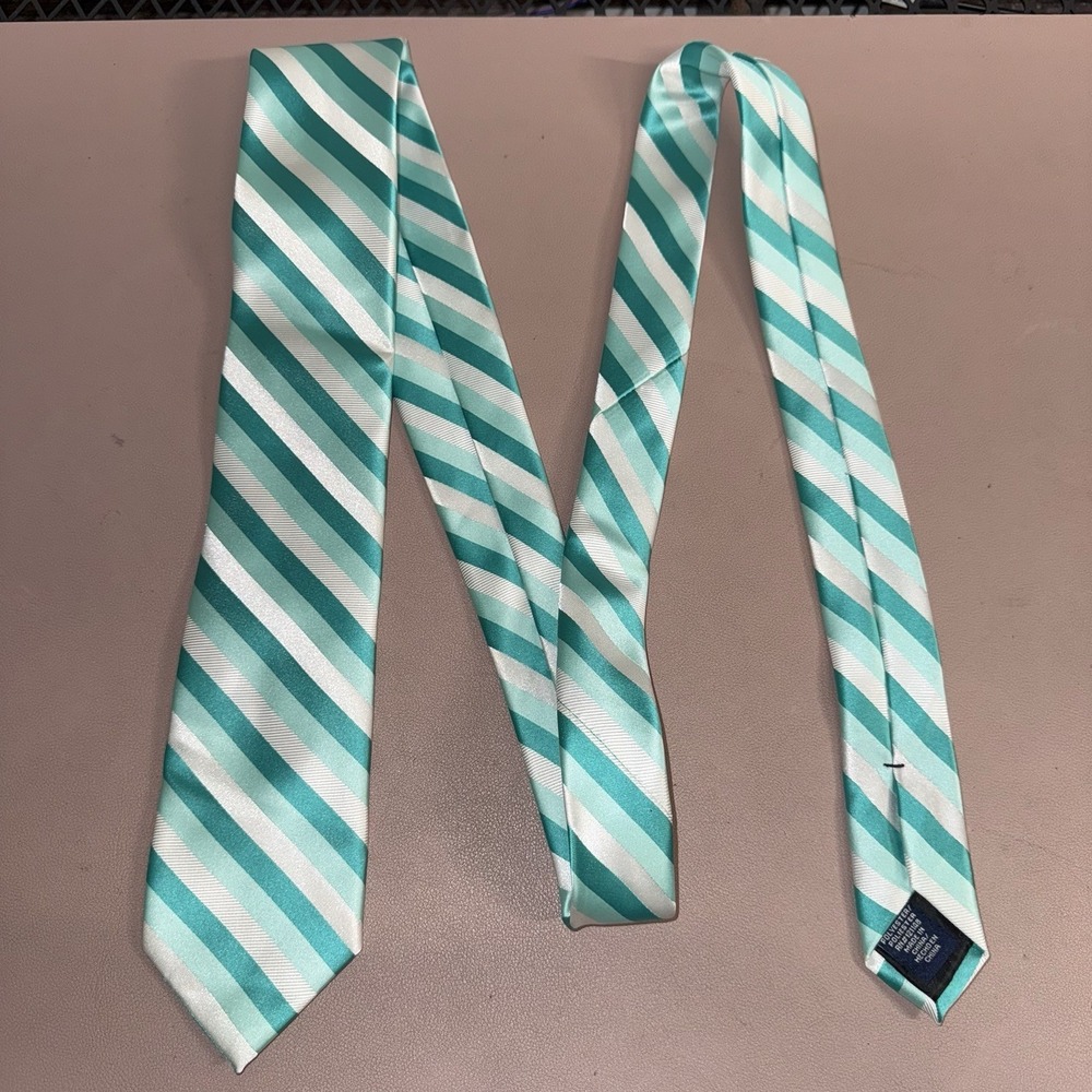 JF J.Ferrar Diagonal Stripe Necktie Teal Mint White Men's Tie 59"